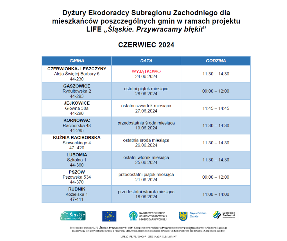 Dyżury Ekodoradcy Subregionu Zachodniego - Gmina Gaszowice - Rydułtowska 2, 44-293 - 28.06.2024 - 09:00 - 12:00