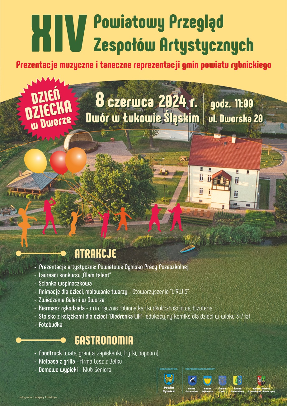 Plakat przedstawiający wydarzenie "XIV Powiatowy Przegląd Zespołów Artystycznych" całe wydarzenie odbędzie się 8 czerwca o godzinie 11 w Łukowie Śląskim przy ulicy Dworskiej 11